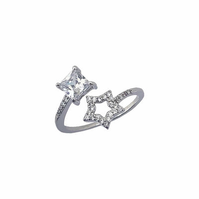 Women's Geometric Square and Star Adjustable Open Classy Ring 92.5 purity silver