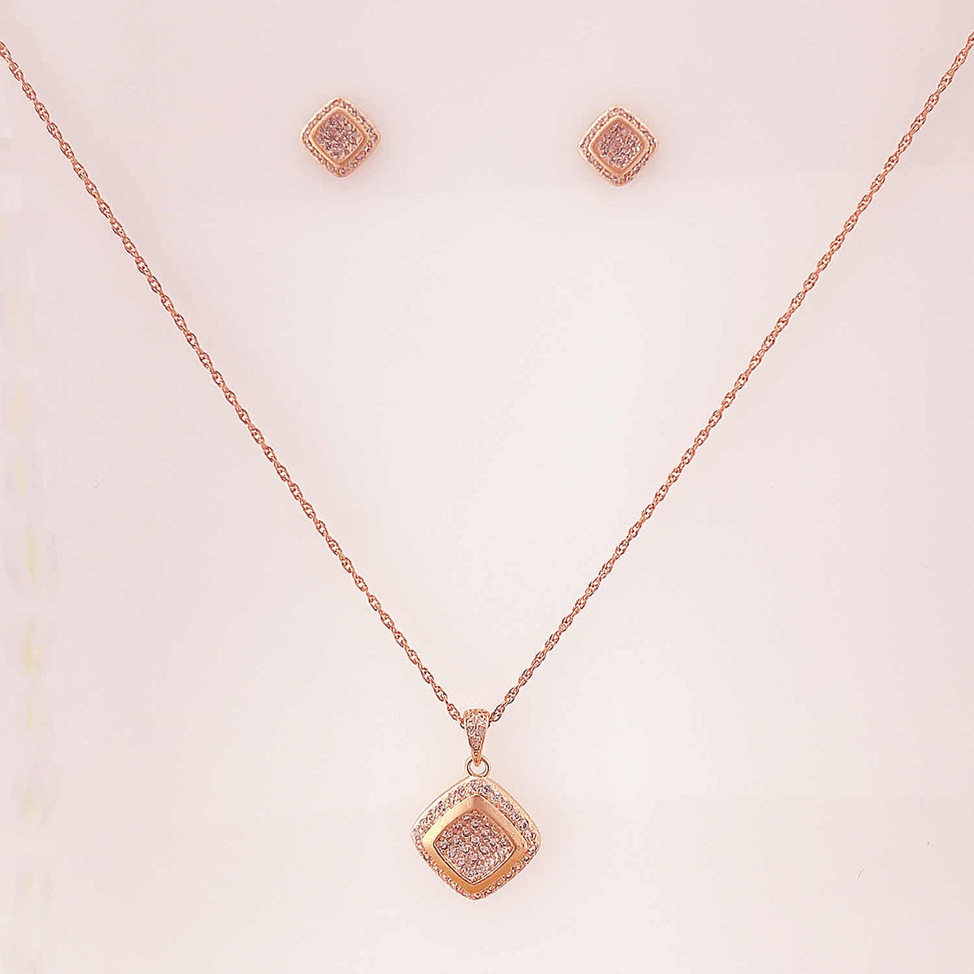 Women's Silver Rose Gold Geometric Diamond shaped Matt Necklace set 92.5 Pure Silver with chain