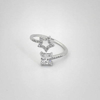 Women's Geometric Square and Star Adjustable Open Classy Ring 92.5 purity silver